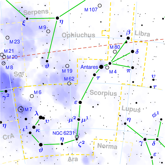 5 bright stars from: lambda (Shaula), zeta (Graphias), theta (Sargas), upsilon (Lezath), epsilon, eta, iota, kappa, mu - the poisonous sting of Scorpio Накшатра Mula